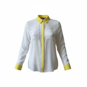 Armani Exchange Sheer Blouse White Yellow Trim Long Sleeve Sz S Chic Office Sexy